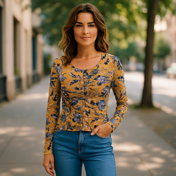 We The Free People Lettuce Hem Long Sleeve Floral Top Size Small Lightweight - Picture 2 of 7